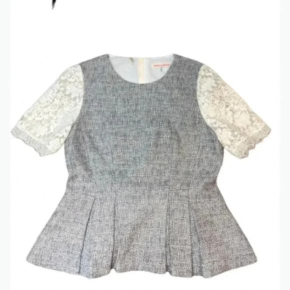Rebecca Taylor Gray & White Peplum top lace cap sleeves size 8 - Picture 3 of 10